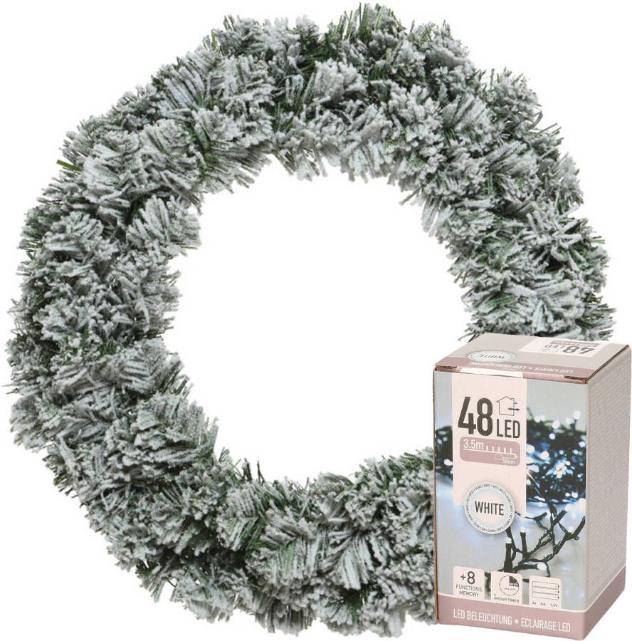 Decoris Kerstkrans groen met sneeuw 35 cm incl. verlichting helder wit 4m Kerstkransen
