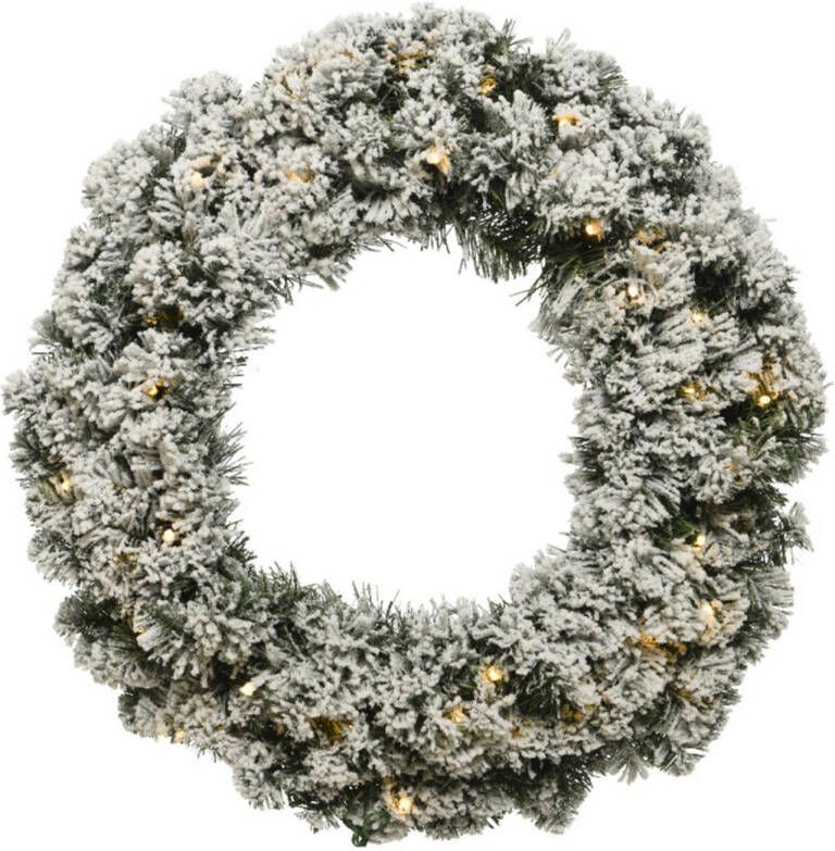 Decoris Kerstkrans dennenkrans groen met sneeuw en warm witte verlichting met timer 35 cm Kerstkransen