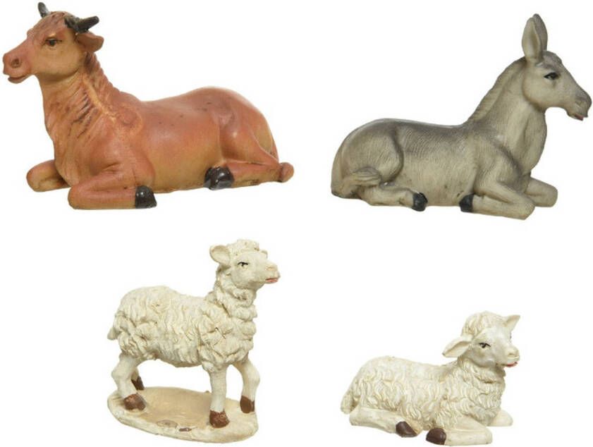 Decoris Set van 4 stuks polystone dierenbeeldjes os ezel en schapen 12 cm Kerststallen