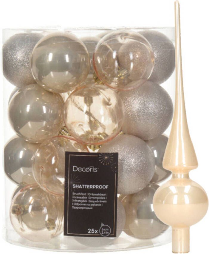 Decoris Kerstversiering- 26-dlg -champagne -kunststof kerstballen en glazen piek Kerstbal
