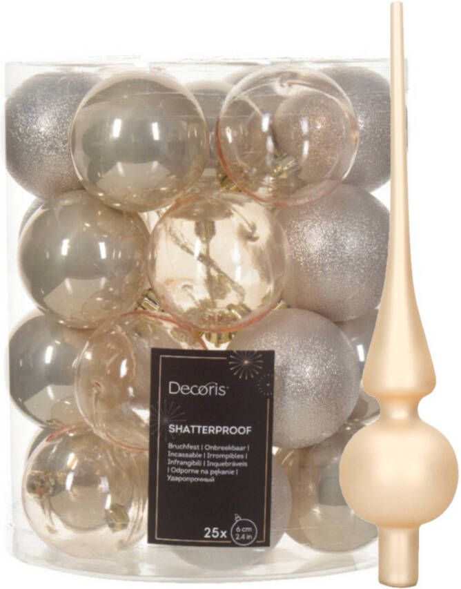Decoris Kerstversiering- 26-dlg -champagne -kunststof kerstballen en glazen piek Kerstbal