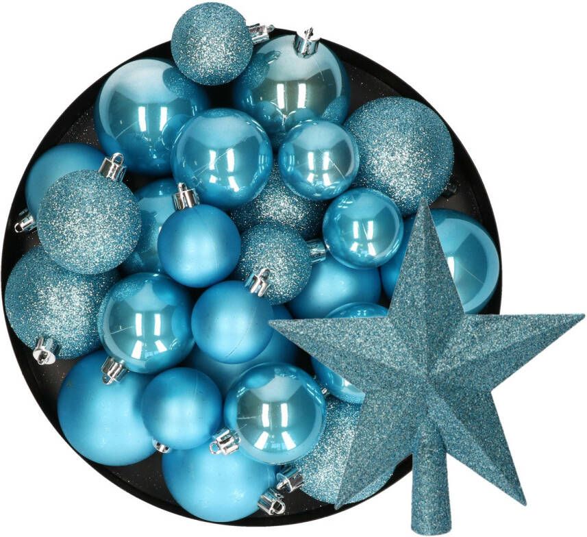 Decoris Kerstversiering 30x kerstballen en ster piek ijsblauw kunststof Kerstbal