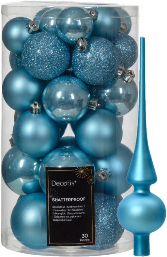 Decoris Kerstversiering -30x st kunststof kerstballen en glazen piek -ijsblauw Kerstbal