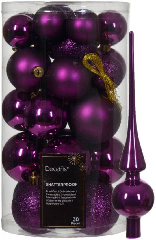 Decoris Kerstversiering -30x st kunststof kerstballen en glazen piek -paars Kerstbal