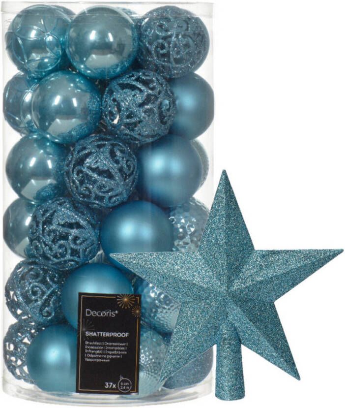 Decoris Kerstversiering 37x kerstballen en ster piek ijsblauw kunststof Kerstbal