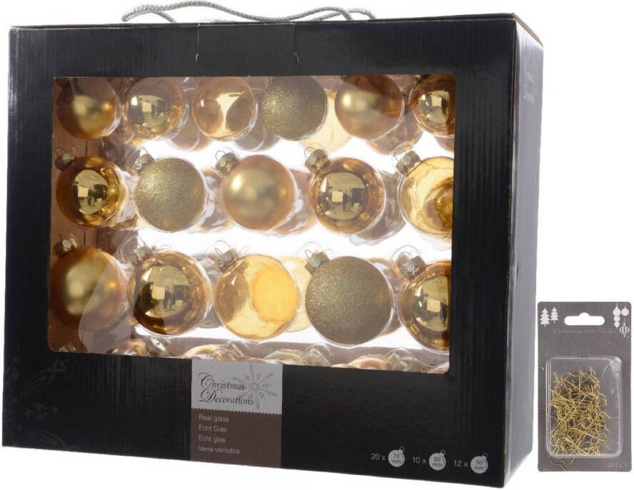 Decoris Kerstversiering glazen kerstballen mix pakket 5-6-7 cm champagne 42x stuks met haakjes Kerstbal