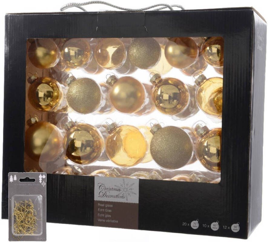 Decoris Kerstversiering glazen kerstballen mix pakket 5-6-7 cm goud 42x stuks met haakjes Kerstbal