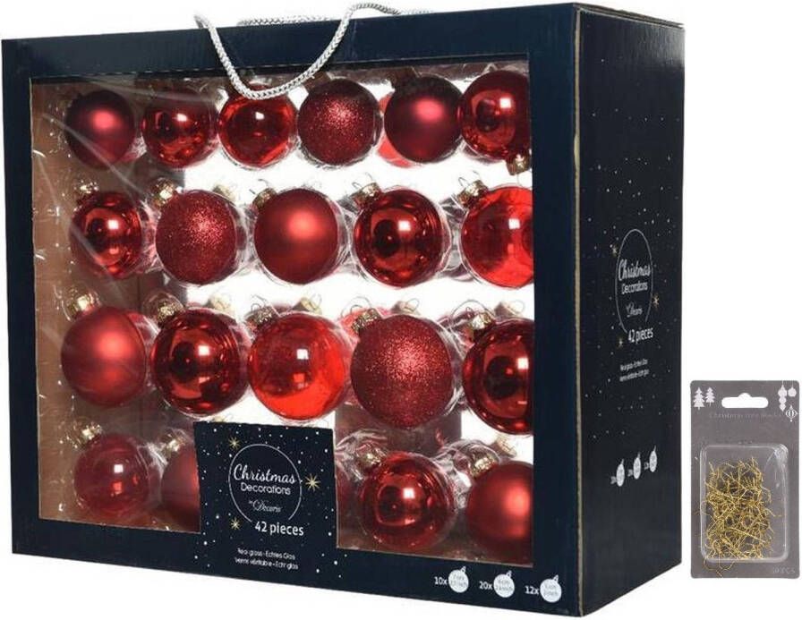 Decoris Kerstversiering glazen kerstballen mix pakket 5-6-7 cm rood 42x stuks met haakjes Kerstbal