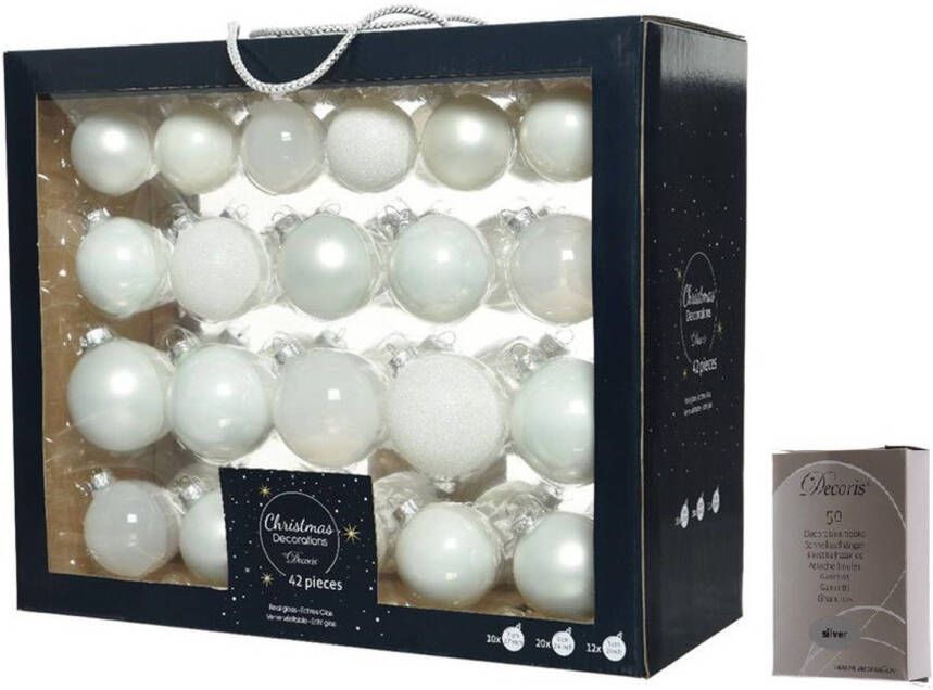 Decoris Kerstversiering glazen kerstballen mix pakket 5-6-7 cm wit 42x stuks met haakjes Kerstbal
