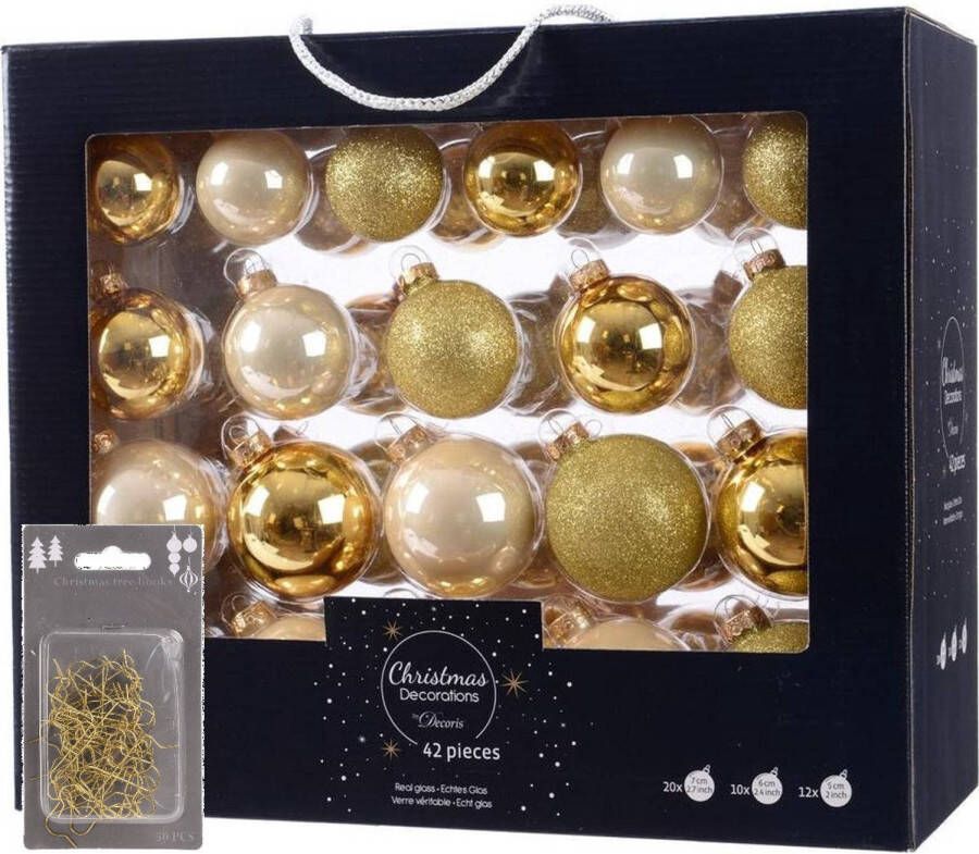 Decoris Kerstversiering glazen kerstballen mix set 5-6-7 cm goud champagne 42x stuks met haakjes Kerstbal