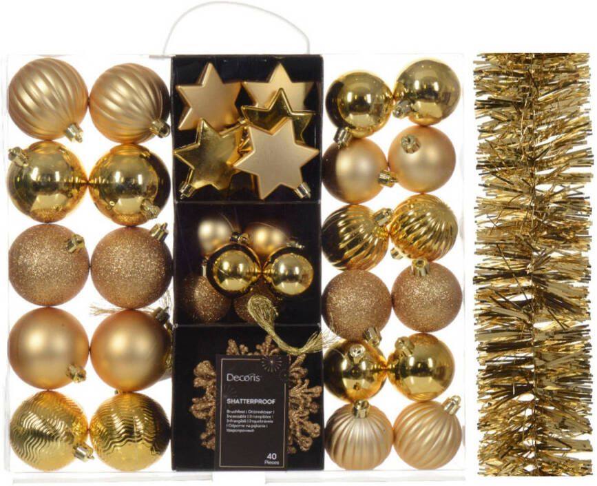 Decoris Kerstversiering- goud kerstballen ornamenten slinger kunststof Kerstbal