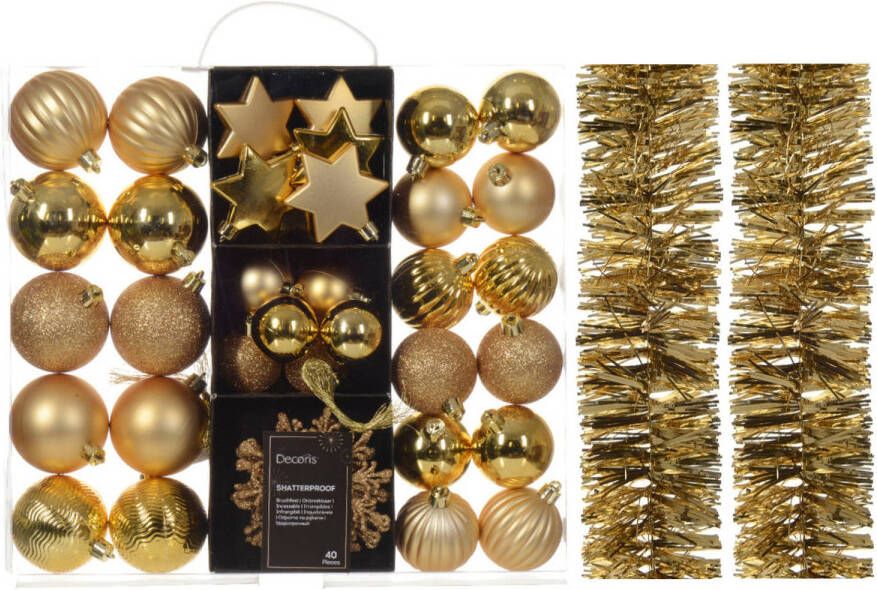 Decoris Kerstversiering- goud kerstballen ornamenten slingers- kunststof Kerstbal