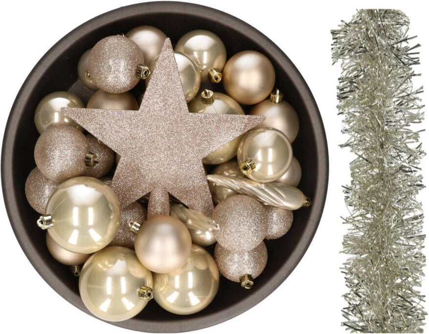 Decoris Kerstversiering kerstballen 5-6-8 cm met ster piek en folieslingers pakket champagne van 35x stuks Kerstbal