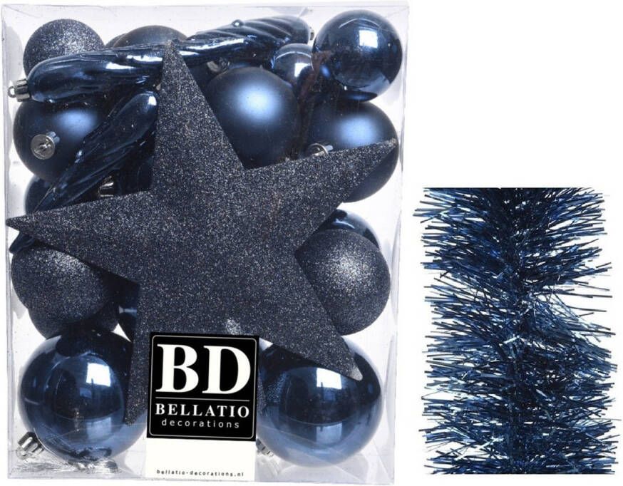 Decoris Kerstversiering kerstballen 5-6-8 cm met ster piek en folieslingers pakket donkerblauw van 35x stuks Kerstbal