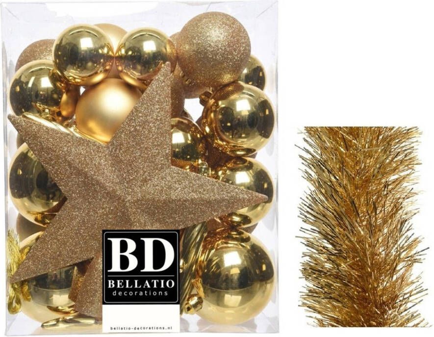 Decoris Kerstversiering kerstballen 5-6-8 cm met ster piek en folieslingers pakket goud van 35x stuks Kerstbal