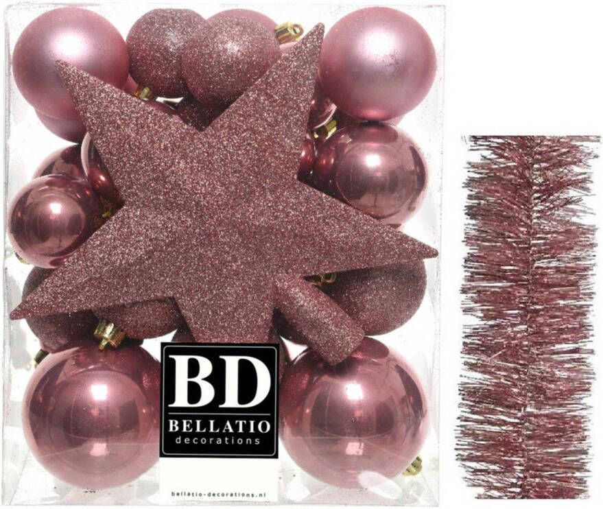 Decoris Kerstversiering kerstballen 5-6-8 cm met ster piek en folieslingers pakket oud roze van 35x stuks Kerstbal