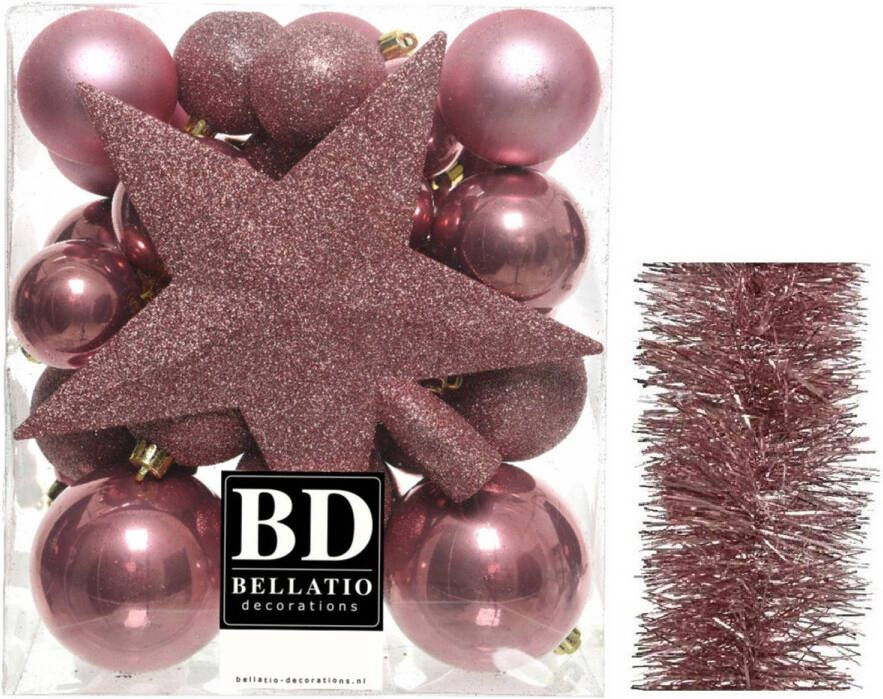 Decoris Kerstversiering kerstballen 5-6-8 cm met ster piek en folieslingers pakket oud roze van 35x stuks Kerstbal