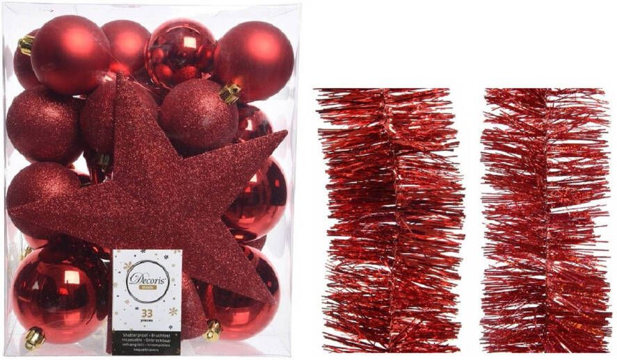 Decoris Kerstversiering kerstballen 5-6-8 cm met ster piek en folieslingers pakket rood van 35x stuks Kerstbal