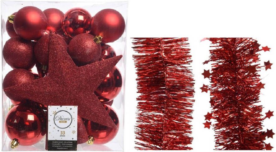 Decoris Kerstversiering kerstballen 5-6-8 cm met ster piek en folieslingers pakket rood van 35x stuks Kerstbal