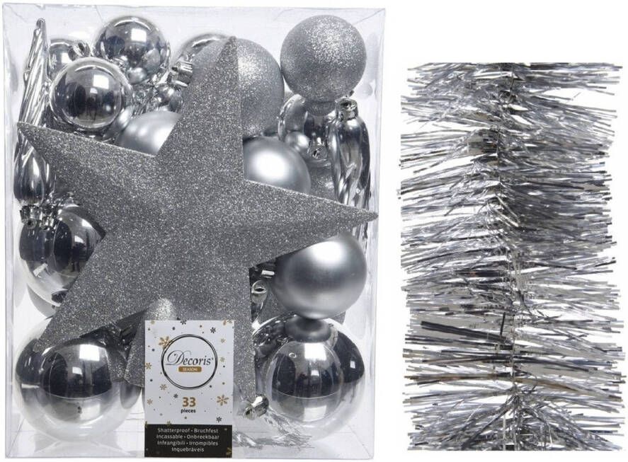 Decoris Kerstversiering kerstballen 5-6-8 cm met ster piek en folieslingers pakket zilver van 35x stuks Kerstbal