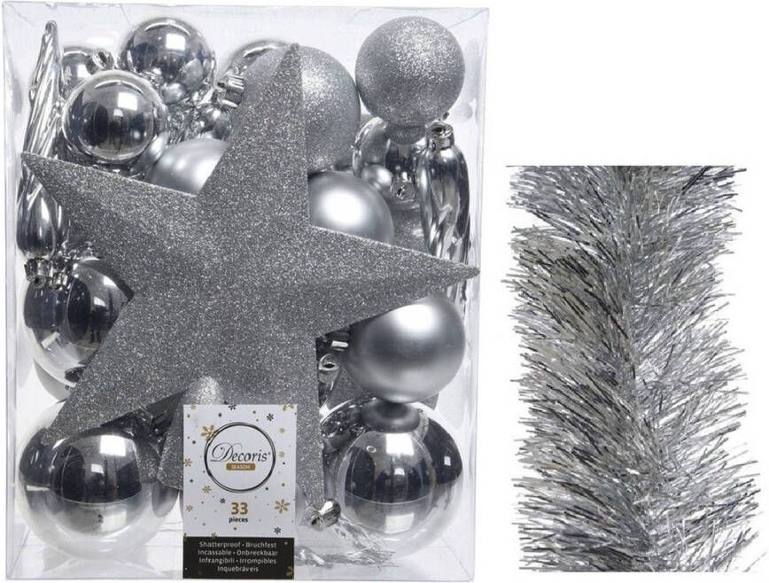 Decoris Kerstversiering kerstballen 5-6-8 cm met ster piek en folieslingers pakket zilver van 35x stuks Kerstbal