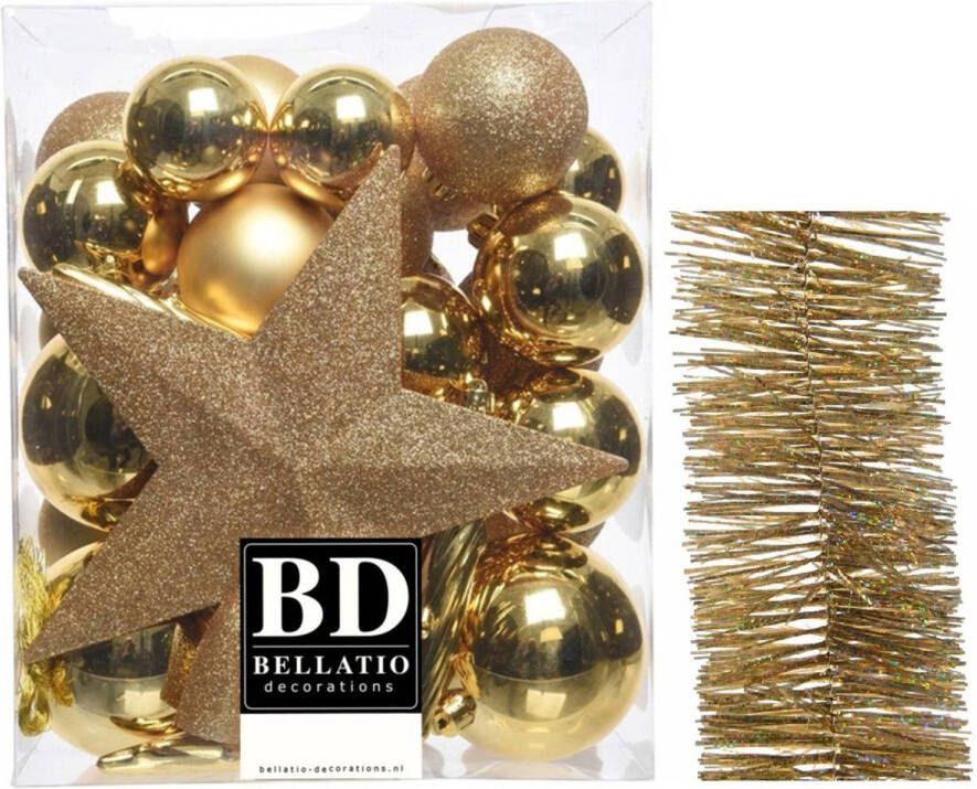 Decoris Kerstversiering kerstballen 5-6-8 cm met ster piek en glitter slingers pakket goud van 35x stuks Kerstbal