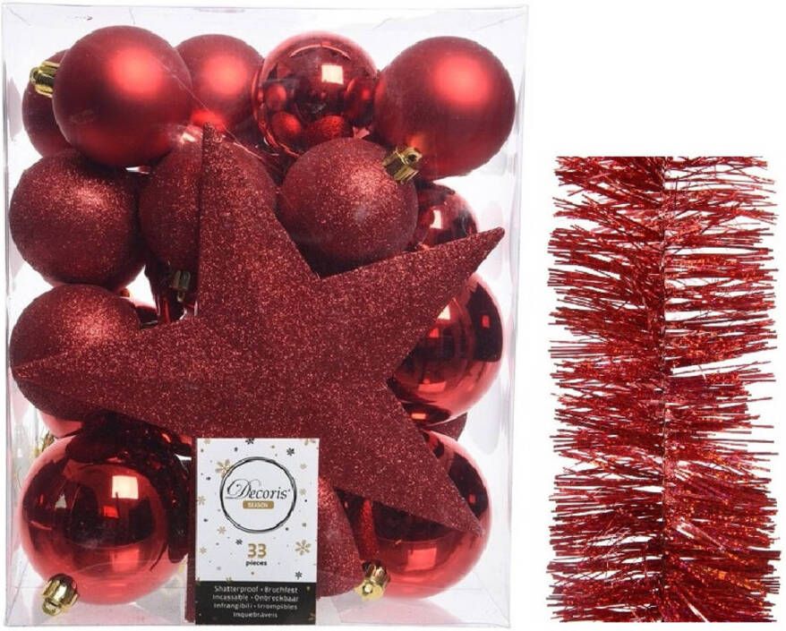 Decoris Kerstversiering kerstballen 5-6-8 cm met ster piek en glitter slingers pakket rood van 35x stuks Kerstbal