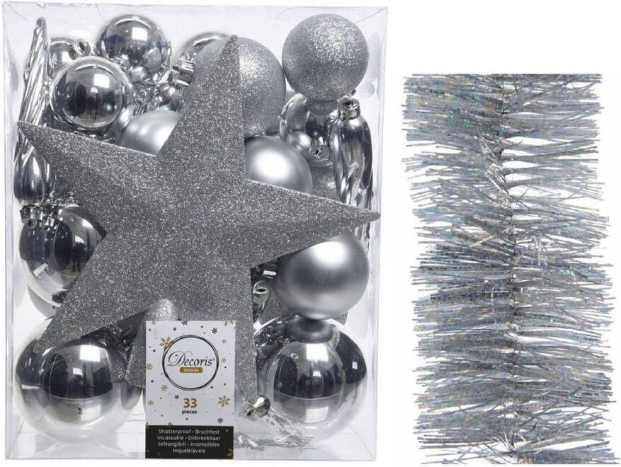 Decoris Kerstversiering kerstballen 5-6-8 cm met ster piek en glitter slingers pakket zilver van 35x stuks Kerstbal