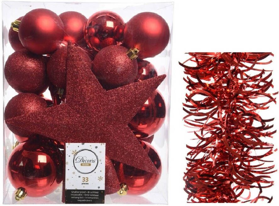 Decoris Kerstversiering kerstballen 5-6-8 cm met ster piek en golf folieslingers pakket rood van 35x stuks Kerstbal