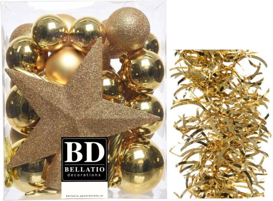 Decoris Kerstversiering kerstballen 5-6-8 cm met ster piek en golf slingers pakket goud van 35x stuks Kerstbal