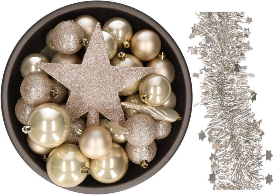 Decoris Kerstversiering kerstballen 5-6-8 cm met ster piek en sterren slingers pakket champagne 35x stuks Kerstbal