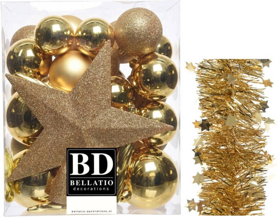 Decoris Kerstversiering kerstballen 5-6-8 cm met ster piek en sterren slingers pakket goud van 35x stuks Kerstbal