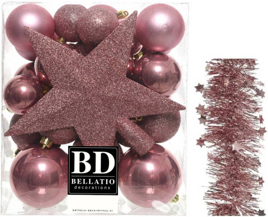 Decoris Kerstversiering kerstballen 5-6-8 cm met ster piek en sterren slingers pakket oud roze van 35x stuks Kerstbal