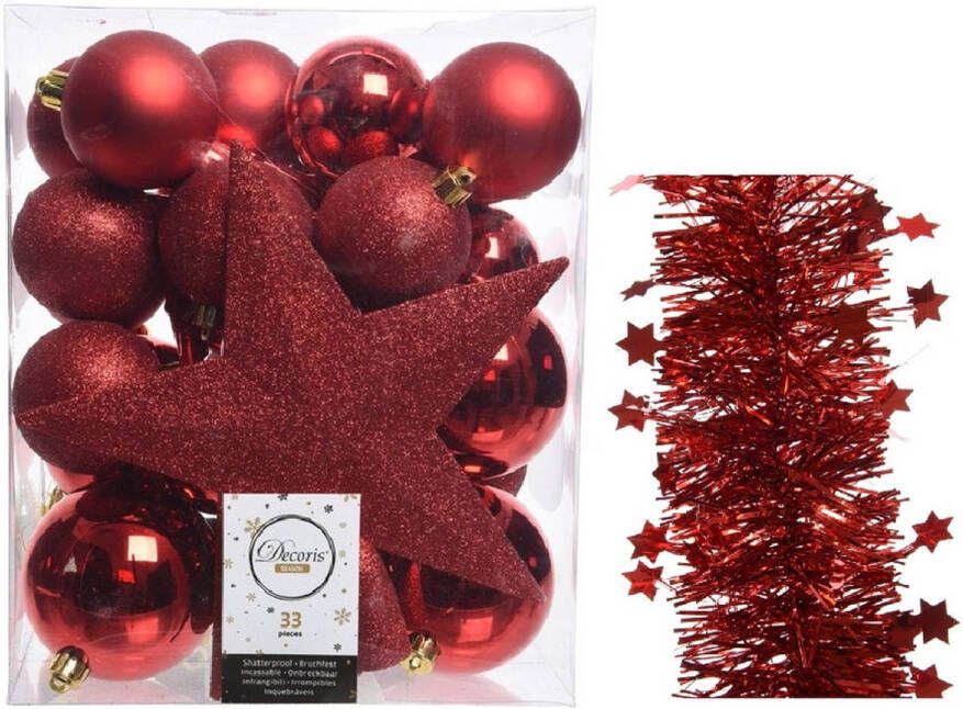 Decoris Kerstversiering kerstballen 5-6-8 cm met ster piek en sterren slingers pakket rood van 35x stuks Kerstbal