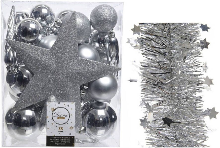 Decoris Kerstversiering kerstballen 5-6-8 cm met ster piek en sterren slingers pakket zilver van 35x stuks Kerstbal