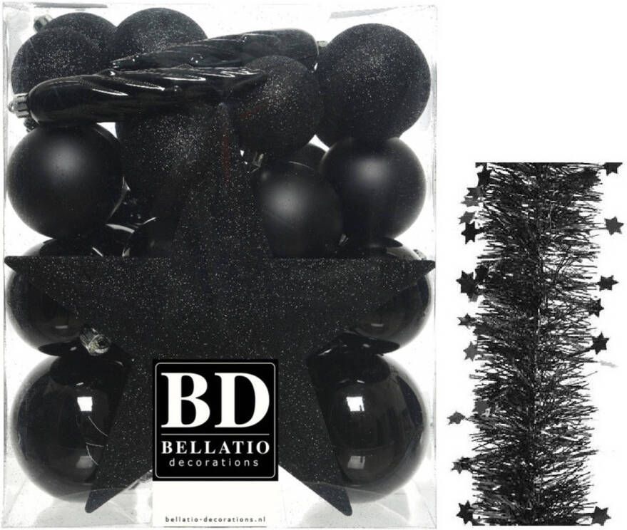 Decoris Kerstversiering kerstballen 5-6-8 cm met ster piek en sterren slingers pakket zwart van 35x stuks Kerstbal