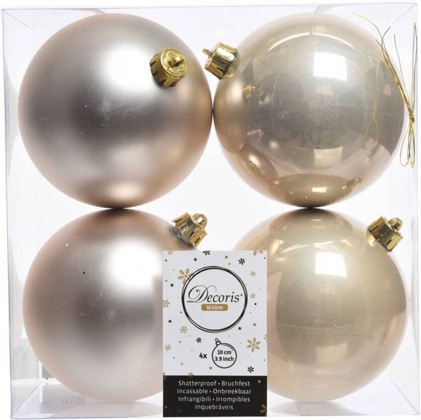 Decoris 4x Kunststof kerstballen glanzend mat Licht parel champagne 10 cm kerstboom versiering decoratie Kerstbal