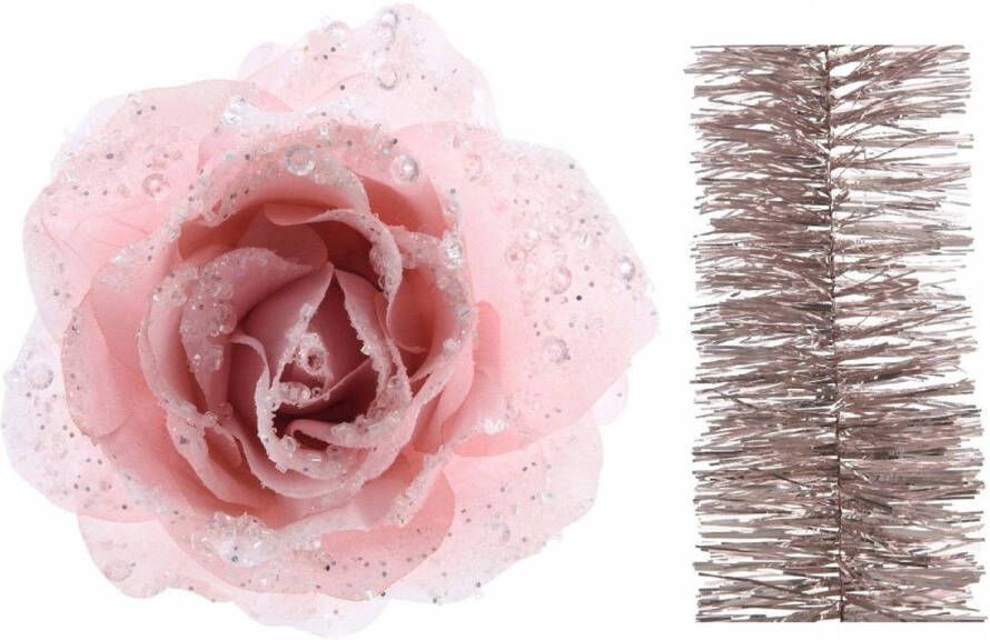 Decoris Kerstversiering kunststof glitter bloemen op clip 14 cm en folieslingers pakket lichtroze 5x stuks Kersthangers