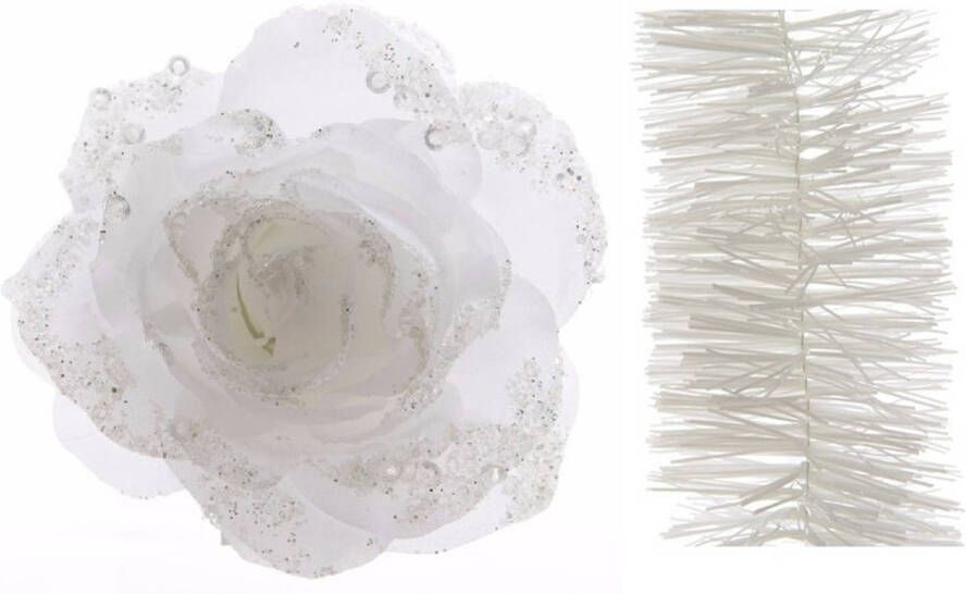 Decoris Kerstversiering kunststof glitter bloemen op clip 14 cm en folieslingers pakket winter wit 5x stuks Kersthangers
