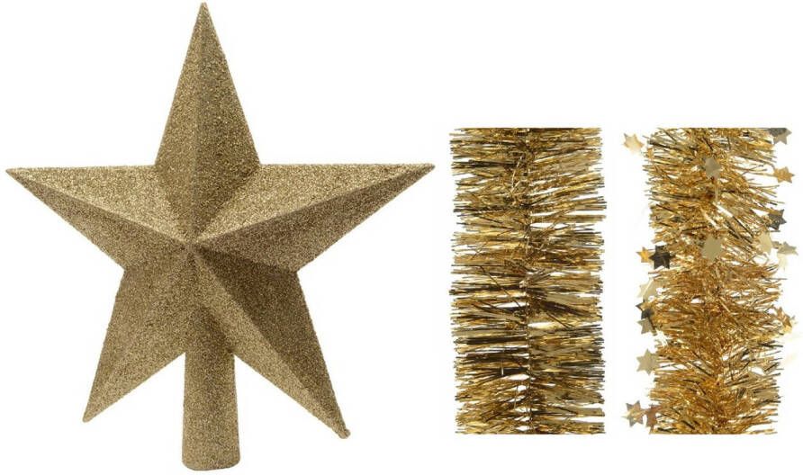 Decoris Kerstversiering kunststof glitter ster piek 19 cm en folieslingers pakket goud van 3x stuks kerstboompieken