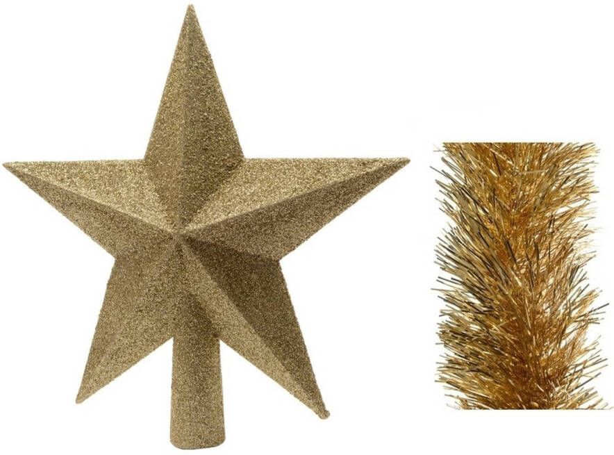 Decoris Kerstversiering kunststof glitter ster piek 19 cm en folieslingers pakket goud van 3x stuks kerstboompieken