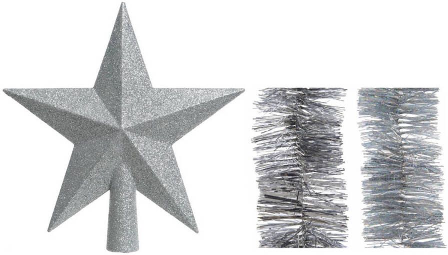 Decoris Kerstversiering kunststof glitter ster piek 19 cm en folieslingers pakket zilver van 3x stuks kerstboompieken