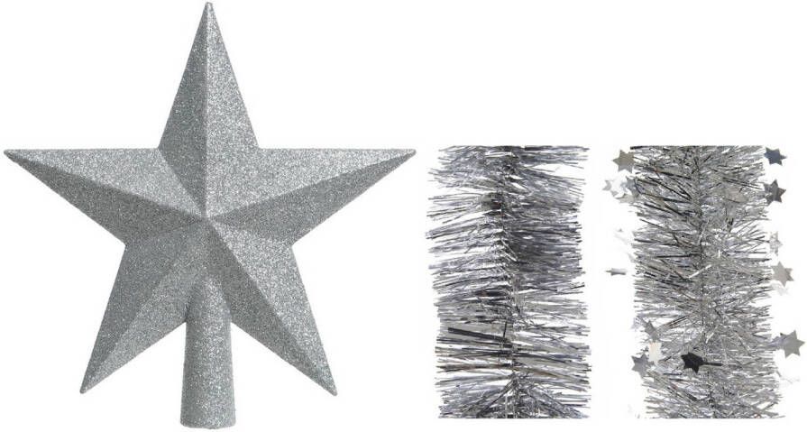 Decoris Kerstversiering kunststof glitter ster piek 19 cm en folieslingers pakket zilver van 3x stuks kerstboompieken