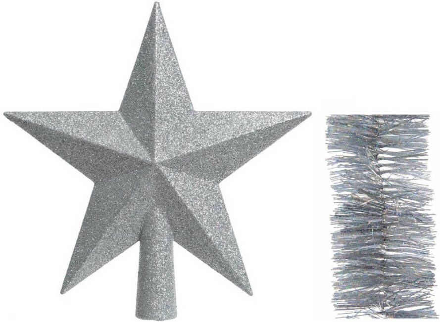 Decoris Kerstversiering kunststof glitter ster piek 19 cm en glitter slingers pakket zilver van 3x stuks kerstboompieken