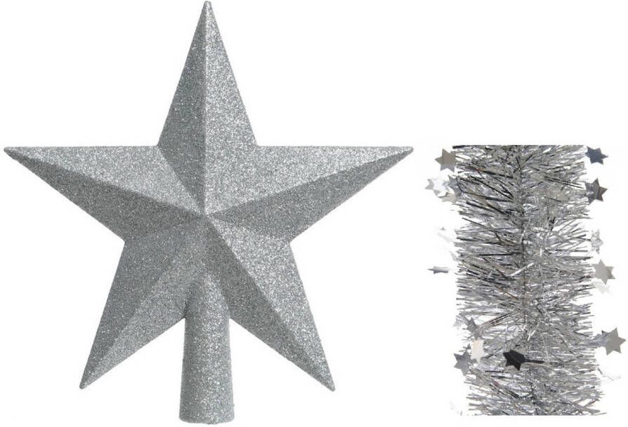 Decoris Kerstversiering kunststof glitter ster piek 19 cm en sterren slingers pakket zilver van 3x stuks kerstboompieken