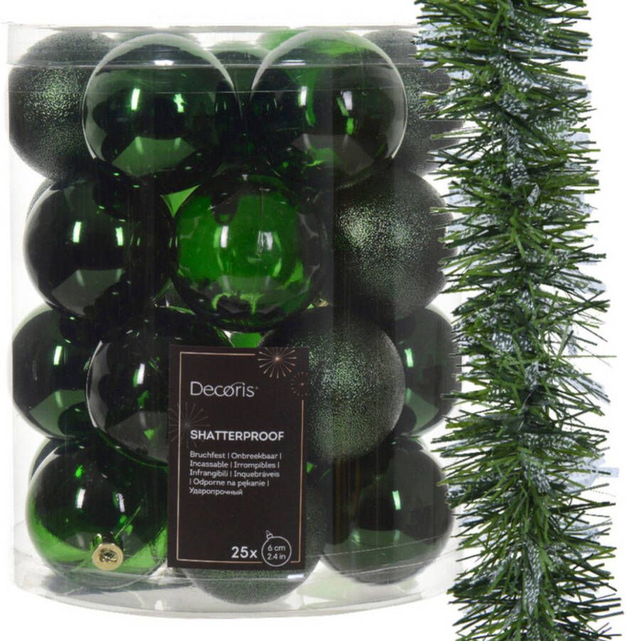 Decoris Kerstversiering kunststof kerstballen 25x -6 cm- met kerstslinger -donkergroen Kerstbal