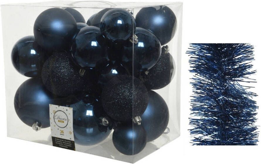 Decoris Kerstversiering kunststof kerstballen 6-8-10 cm met folieslingers pakket donkerblauw van 28x stuks Kerstbal