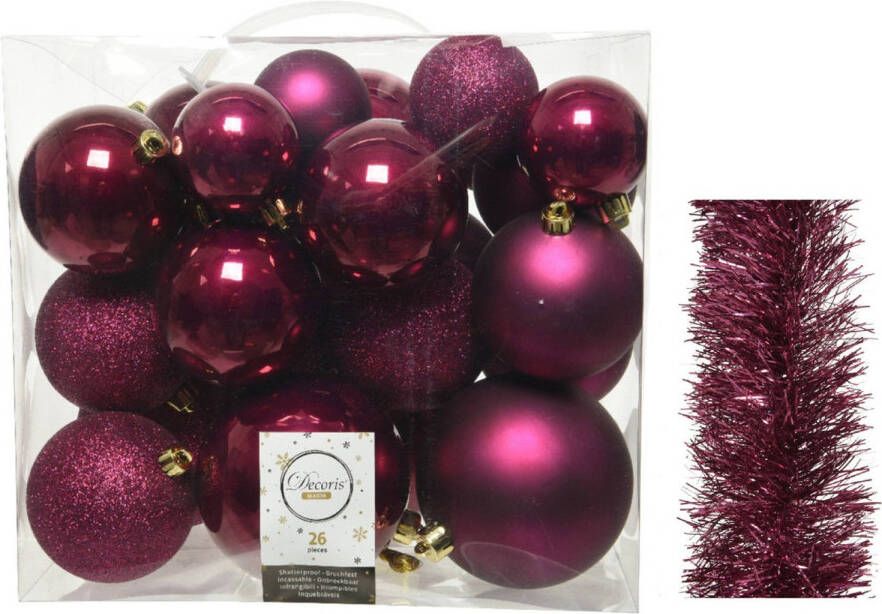 Decoris Kerstversiering kunststof kerstballen 6-8-10 cm met folieslingers pakket framboos roze van 28x stuks Kerstbal