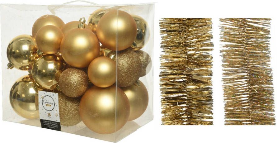 Decoris Kerstversiering kunststof kerstballen 6-8-10 cm met folieslingers pakket goud van 28x stuks Kerstbal