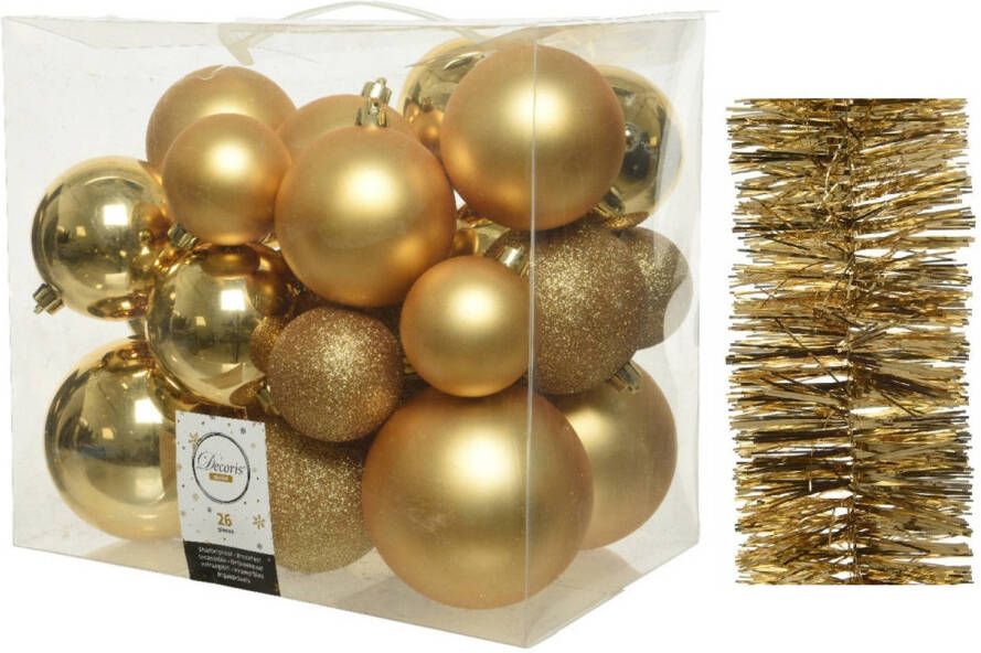 Decoris Kerstversiering kunststof kerstballen 6-8-10 cm met folieslingers pakket goud van 28x stuks Kerstbal